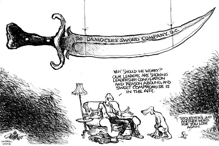 Political/Editorial Cartoon by Pat Oliphant, Universal Press Syndicate on Sequester Deadline Nears