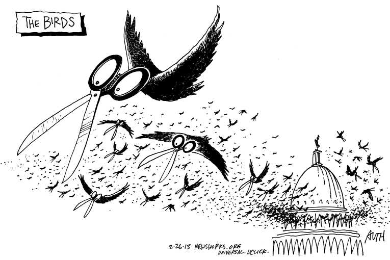 Political/Editorial Cartoon by Tony Auth, Philadelphia Inquirer on Sequester Deadline Nears