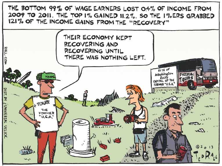 Political/Editorial Cartoon by Ted Rall on Stock Market Hits Record High