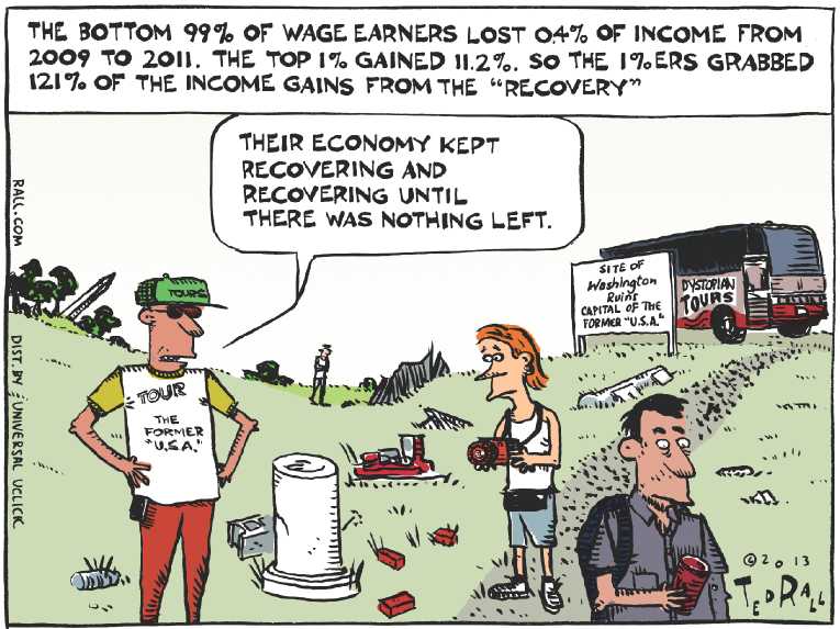 Political/Editorial Cartoon by Ted Rall on Stock Market at Record High