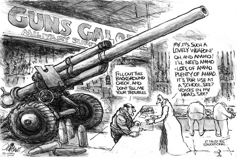 Political/Editorial Cartoon by Pat Oliphant, Universal Press Syndicate on Increased Gun Regulation Unlikely