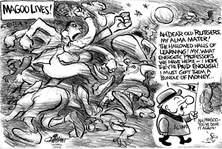 Political/Editorial Cartoon by Pat Oliphant, Universal Press Syndicate on Rutgers Coached Fired