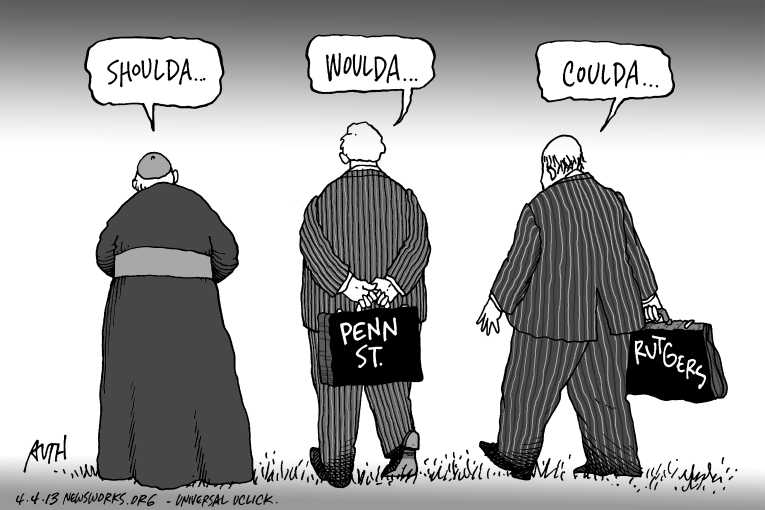 Political/Editorial Cartoon by Tony Auth, Philadelphia Inquirer on Rutgers Coached Fired