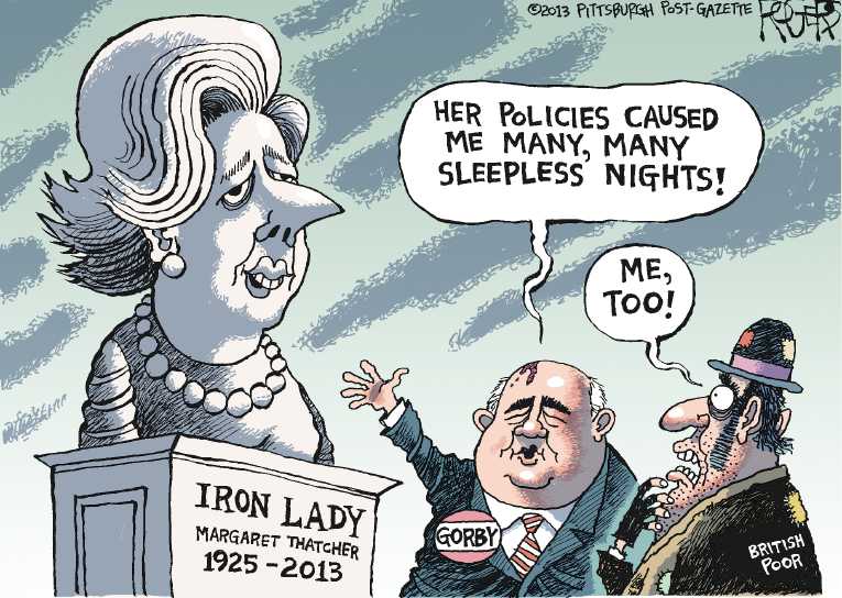 Political/Editorial Cartoon by Rob Rogers, The Pittsburgh Post-Gazette on Margaret Thatcher Dies