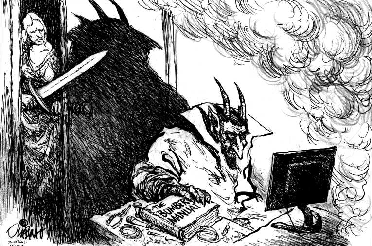 Political/Editorial Cartoon by Pat Oliphant, Universal Press Syndicate on Boston Marathon Ends in Horror