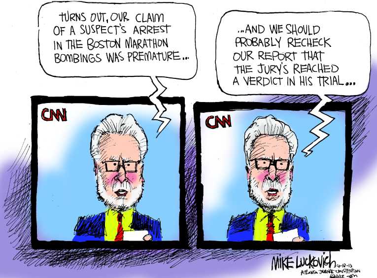 Political/Editorial Cartoon by Mike Luckovich, Atlanta Journal-Constitution on Boston Marathon Ends in Horror