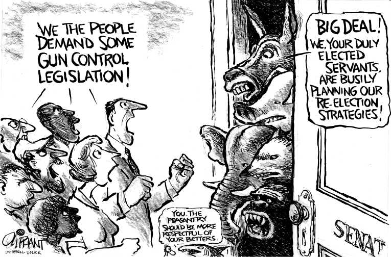 Political/Editorial Cartoon by Pat Oliphant, Universal Press Syndicate on Senate Rejects Background Checks