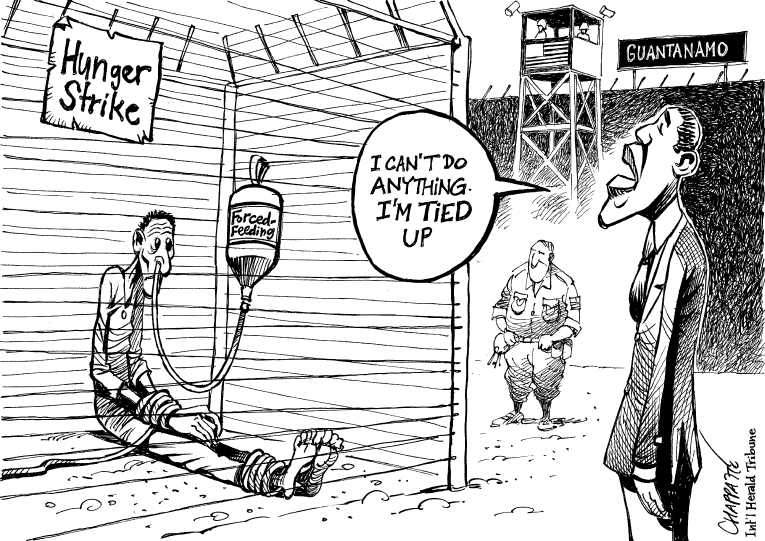 Political/Editorial Cartoon by Patrick Chappatte, International Herald Tribune on Obama Pledges to Close Gitmo, Again