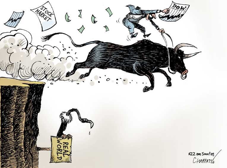 Political/Editorial Cartoon by Patrick Chappatte, International Herald Tribune on Stock Market Hits Record High