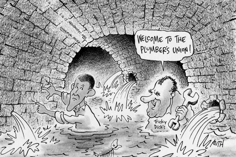 Political/Editorial Cartoon by Tony Auth, Philadelphia Inquirer on President Rocked by Scandals