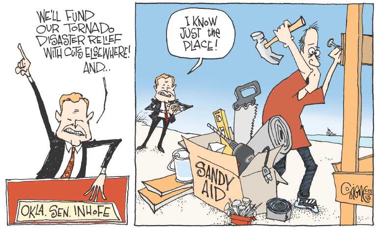 Political/Editorial Cartoon by Signe Wilkinson, Philadelphia Daily News on Tornado Cleanup Going Well