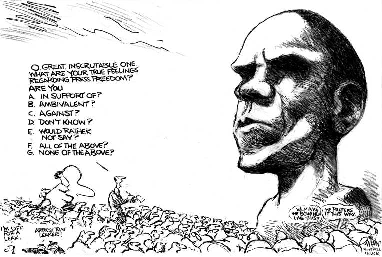 Political/Editorial Cartoon by Pat Oliphant, Universal Press Syndicate on Obama Defends Taps on Journalists