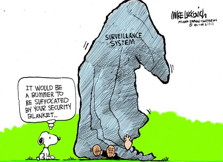 Political/Editorial Cartoon by Mike Luckovich, Atlanta Journal-Constitution on Obama Defends Terrorism Measures