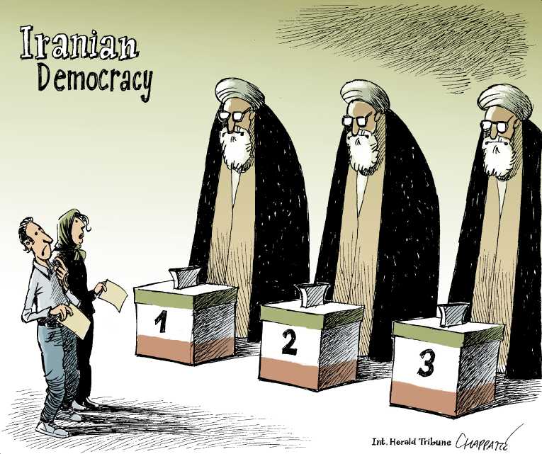 Political/Editorial Cartoon by Patrick Chappatte, International Herald Tribune on Iran Reports Successful Election