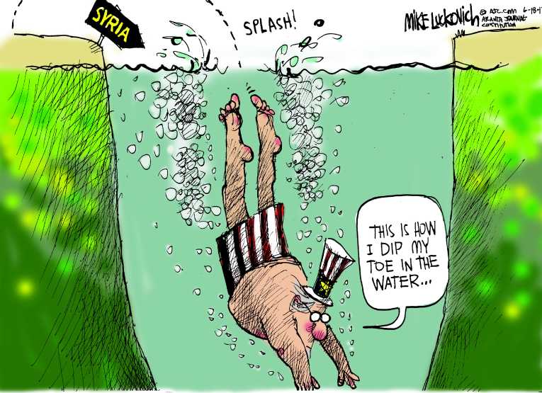 Political/Editorial Cartoon by Mike Luckovich, Atlanta Journal-Constitution on US Position on Syria Emerging