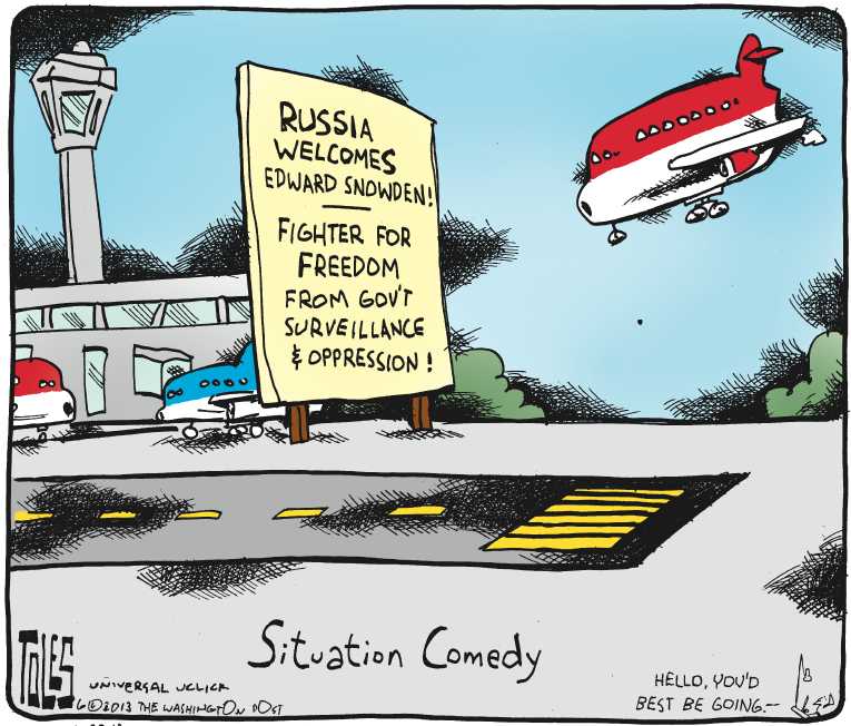 Political/Editorial Cartoon by Tom Toles, Washington Post on Snowden’s Whereabouts Unknown