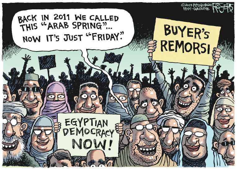 Political/Editorial Cartoon by Rob Rogers, The Pittsburgh Post-Gazette on Morsi Overthrown in Coup