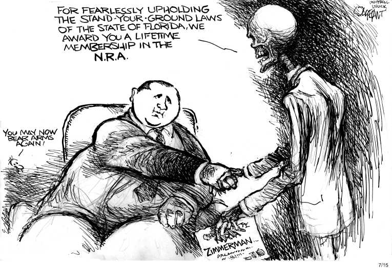 Political/Editorial Cartoon by Pat Oliphant, Universal Press Syndicate on Martin’s Killer Acquitted