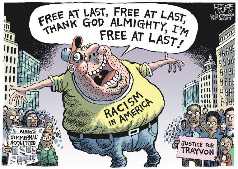Political/Editorial Cartoon by Rob Rogers, The Pittsburgh Post-Gazette on Martin’s Killer Acquitted