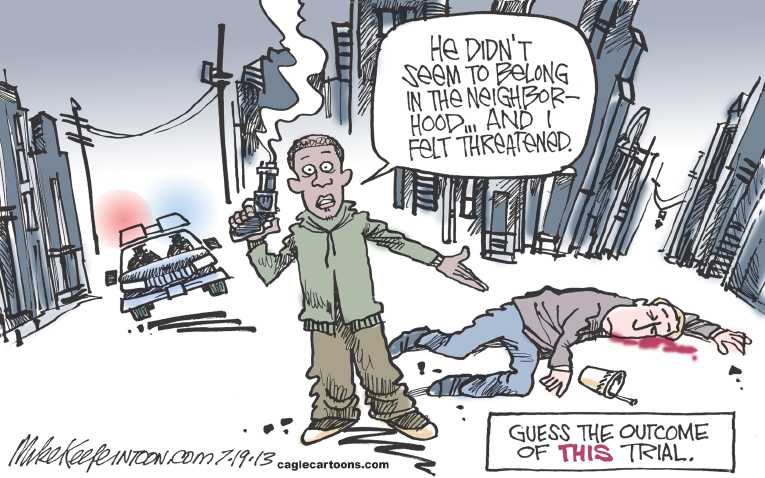 Political/Editorial Cartoon by Mike Keefe, Denver Post on America Moves on From Verdict
