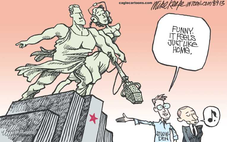 Political/Editorial Cartoon by Mike Keefe, Denver Post on Snowden Granted Asylum in Russia