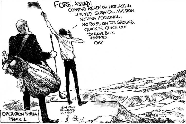 Political/Editorial Cartoon by Pat Oliphant, Universal Press Syndicate on Obama Pleads for War