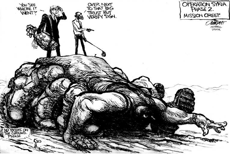 Political/Editorial Cartoon by Pat Oliphant, Universal Press Syndicate on Obama Pleads for War