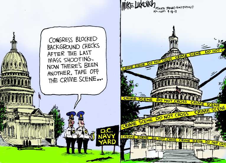 Political/Editorial Cartoon by Mike Luckovich, Atlanta Journal-Constitution on Madman Kills a Dozen