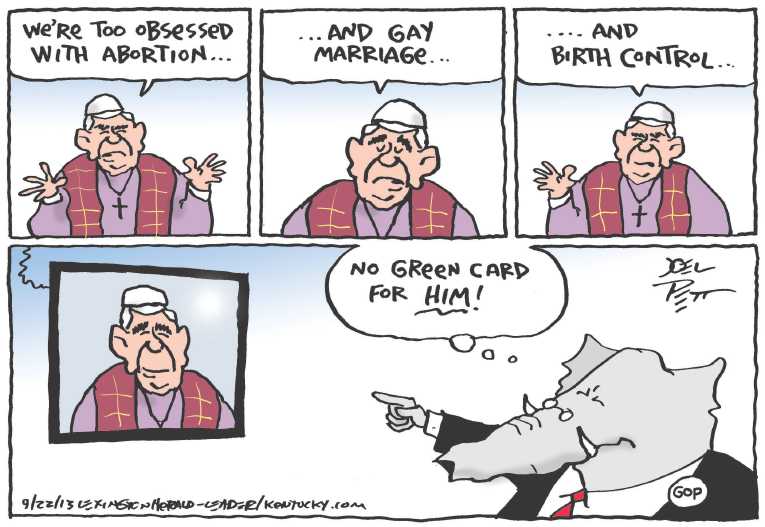 Political/Editorial Cartoon by Joel Pett, Lexington Herald-Leader, CWS/CartoonArts Intl. on Pope Performs Miracle