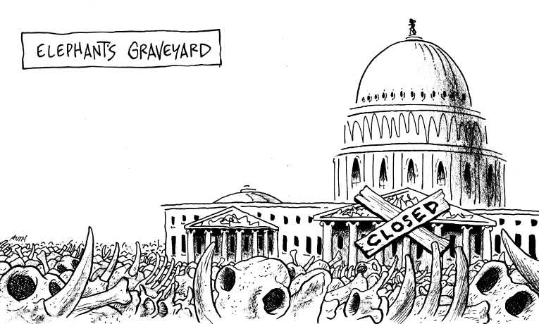 Political/Editorial Cartoon by Tony Auth, Philadelphia Inquirer on Republicans Declare War!