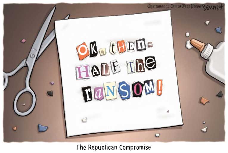 Political/Editorial Cartoon by Clay Bennett, Chattanooga Times Free Press on Shutdown Continues