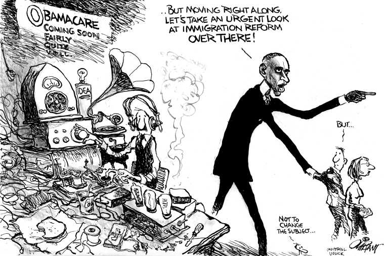 Political/Editorial Cartoon by Pat Oliphant, Universal Press Syndicate on ObamaCare Site Crashes