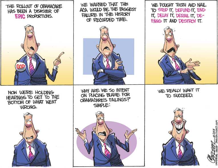 Political/Editorial Cartoon by Stuart Carlson on ObamaCare Site Crashes