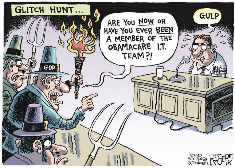 Political/Editorial Cartoon by Rob Rogers, The Pittsburgh Post-Gazette on ObamaCare Site Crashes