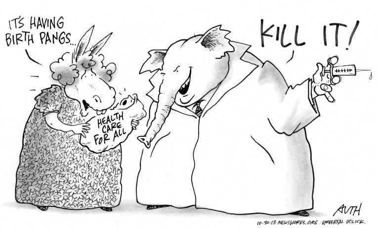 Political/Editorial Cartoon by Tony Auth, Philadelphia Inquirer on ObamaCare Site Crashes