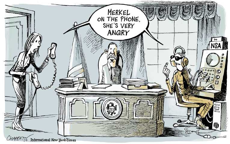 Political/Editorial Cartoon by Patrick Chappatte, International Herald Tribune on US Bugged German Chancellor