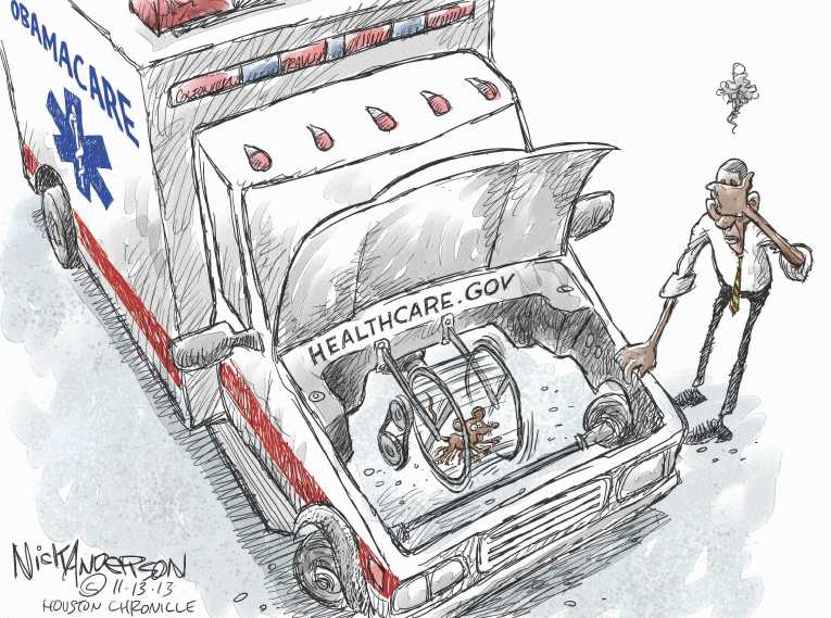 Political/Editorial Cartoon by Nick Anderson, Houston Chronicle on ObamaCare Site Still Broken