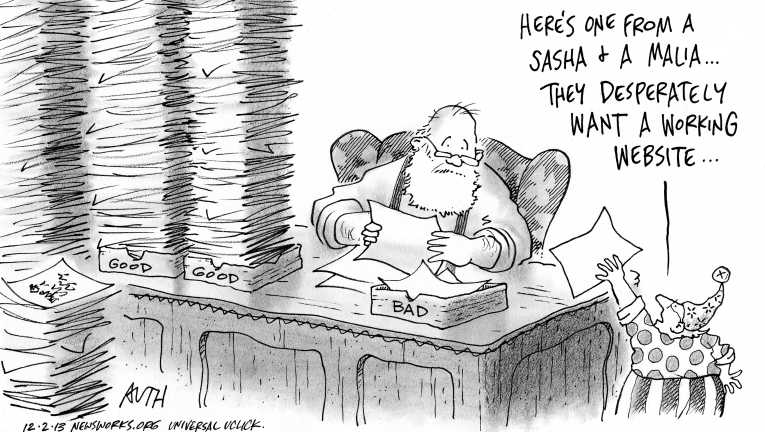 Political/Editorial Cartoon by Tony Auth, Philadelphia Inquirer on ObamaCare Rollout Improving