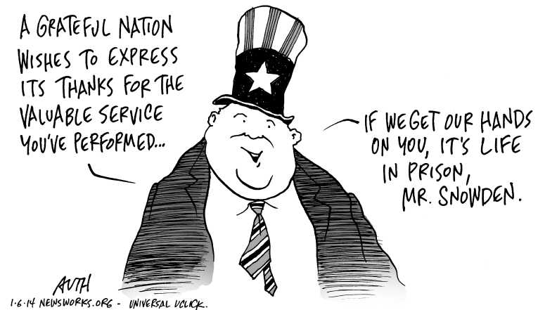 Political/Editorial Cartoon by Tony Auth, Philadelphia Inquirer on Obama Warns Whistleblowers