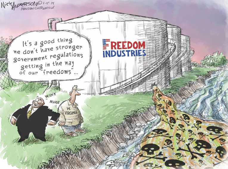 Political/Editorial Cartoon by Nick Anderson, Houston Chronicle on 300,000 Without Water in WV