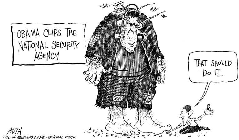 Political/Editorial Cartoon by Tony Auth, Philadelphia Inquirer on Obama Defends NSA