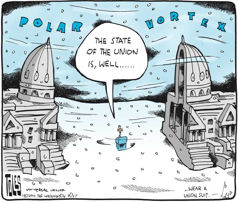 Political/Editorial Cartoon by Tom Toles, Washington Post on State of the Union Somber, Defiant