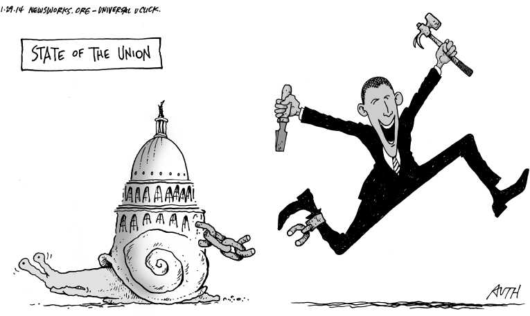 Political/Editorial Cartoon by Tony Auth, Philadelphia Inquirer on State of the Union Somber, Defiant