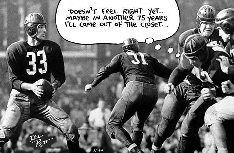 Political/Editorial Cartoon by Joel Pett, Lexington Herald-Leader, CWS/CartoonArts Intl. on Football Star Comes Out