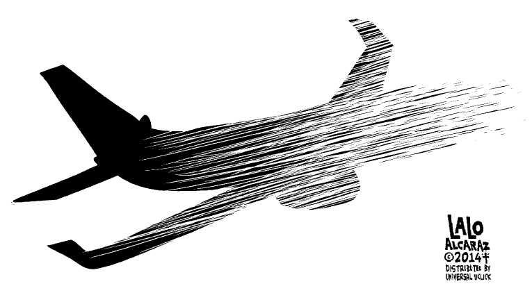 Political/Editorial Cartoon by Lalo Alcaraz on Malayasian Flight 370 Vanishes