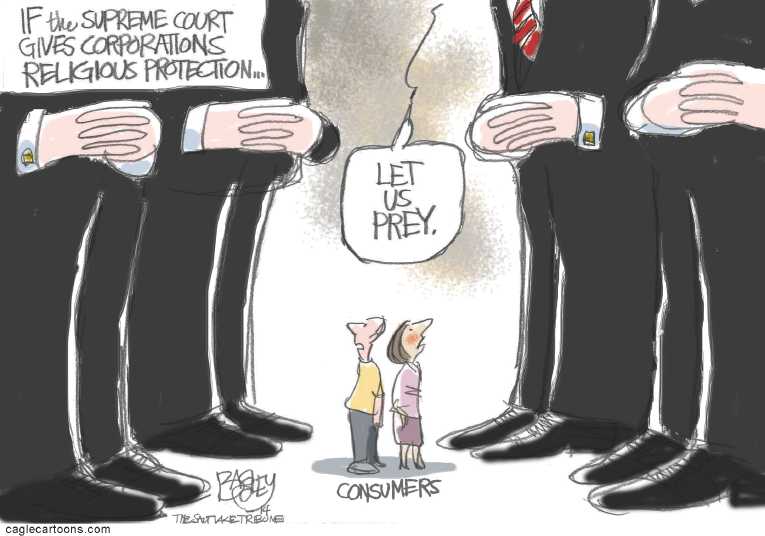 Political/Editorial Cartoon by Pat Bagley, Salt Lake Tribune on Capitalism Defeats Democracy