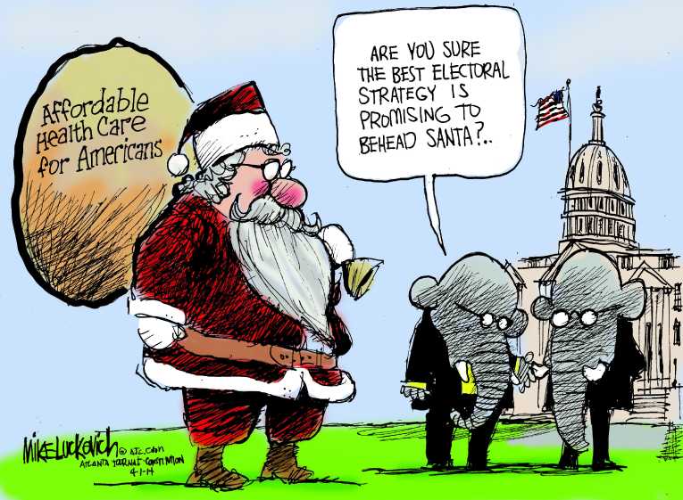 Political/Editorial Cartoon by Mike Luckovich, Atlanta Journal-Constitution on ObamaCare Signups Top 7 Million