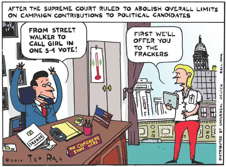 Political/Editorial Cartoon by Ted Rall on Capitalism Defeats Democracy