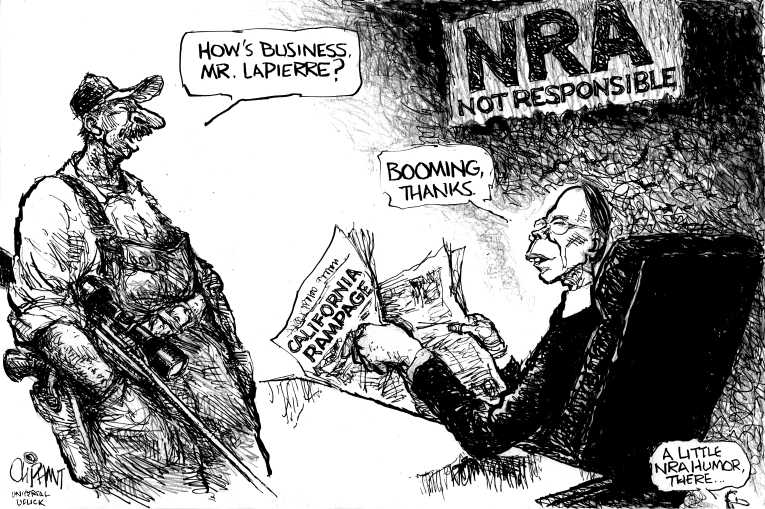 Political/Editorial Cartoon by Pat Oliphant, Universal Press Syndicate on Madman Kills 7