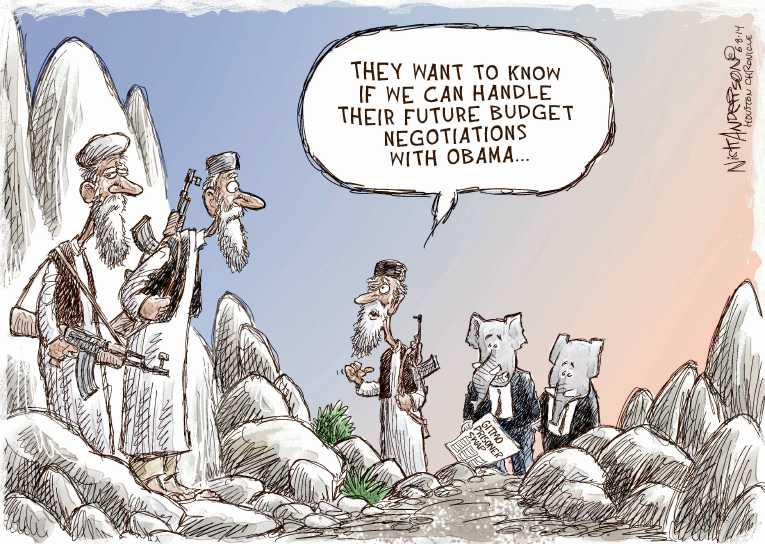 Political/Editorial Cartoon by Nick Anderson, Houston Chronicle on Prisoner Return Outrages GOP